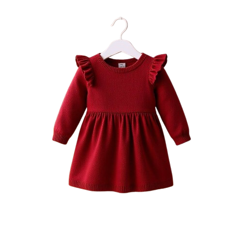 Red Ruffle Baby Girl Dress – Long Sleeve Knit Dress (3M–2T)