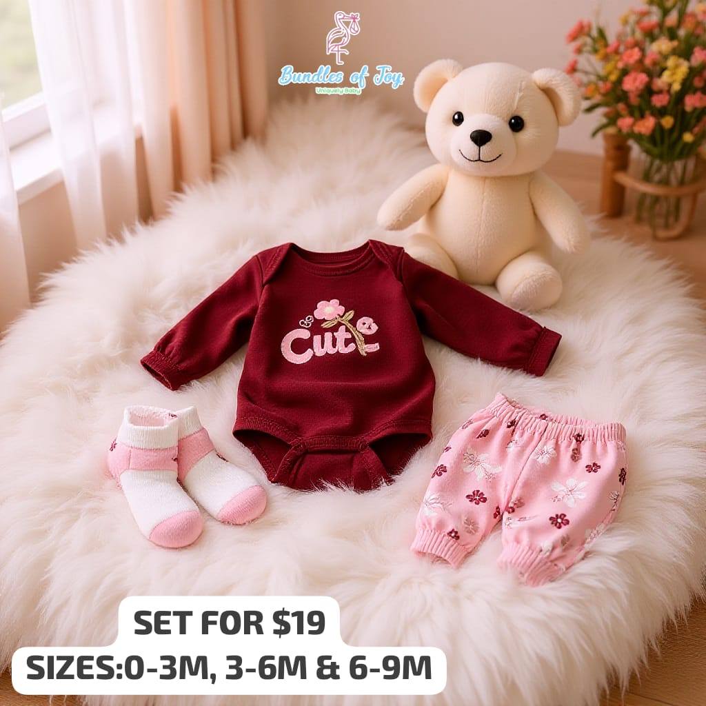 3-Piece Baby Girl Outfit Set – “Cute” Bodysuit, Floral Pants & Socks (0–9 Months)