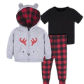 3-Piece Baby Boy Outfit Set – Plaid Pants, Black Tee & Deer Hoodie