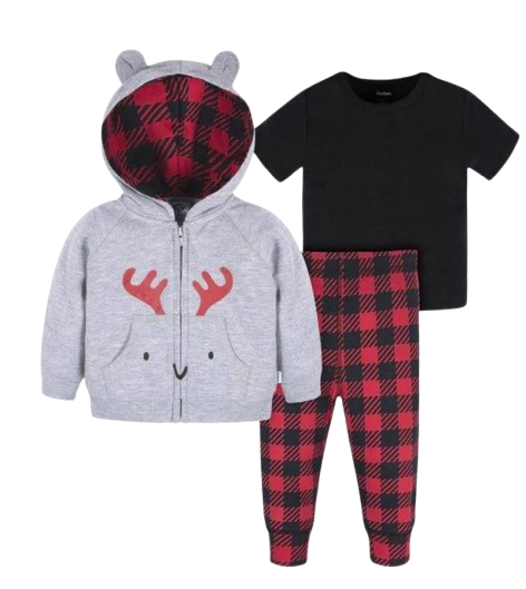 3-Piece Baby Boy Outfit Set – Plaid Pants, Black Tee & Deer Hoodie