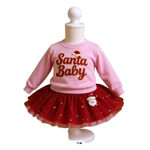 Santa Baby Holiday Outfit Set – Baby Girl Christmas Dress with Tulle Skirt