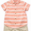 Boys Coral Striped Shirt and Khaki Shorts Set - Toddler Summer Outfit