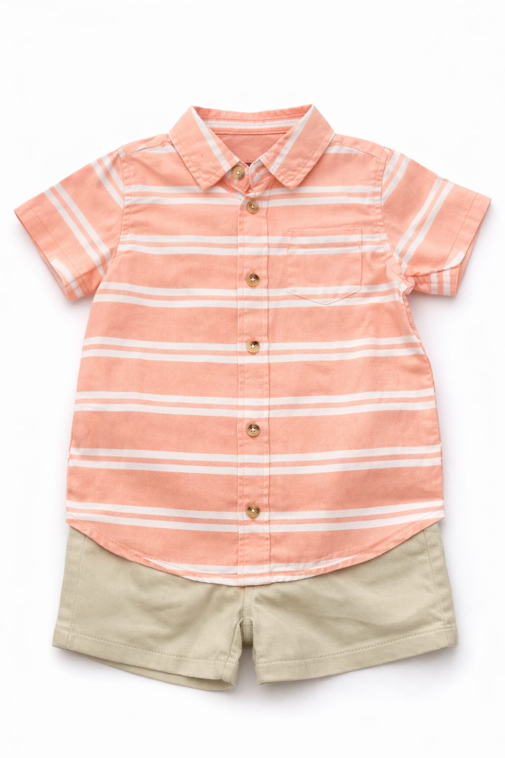 Boys Coral Striped Shirt and Khaki Shorts Set - Toddler Summer Outfit
