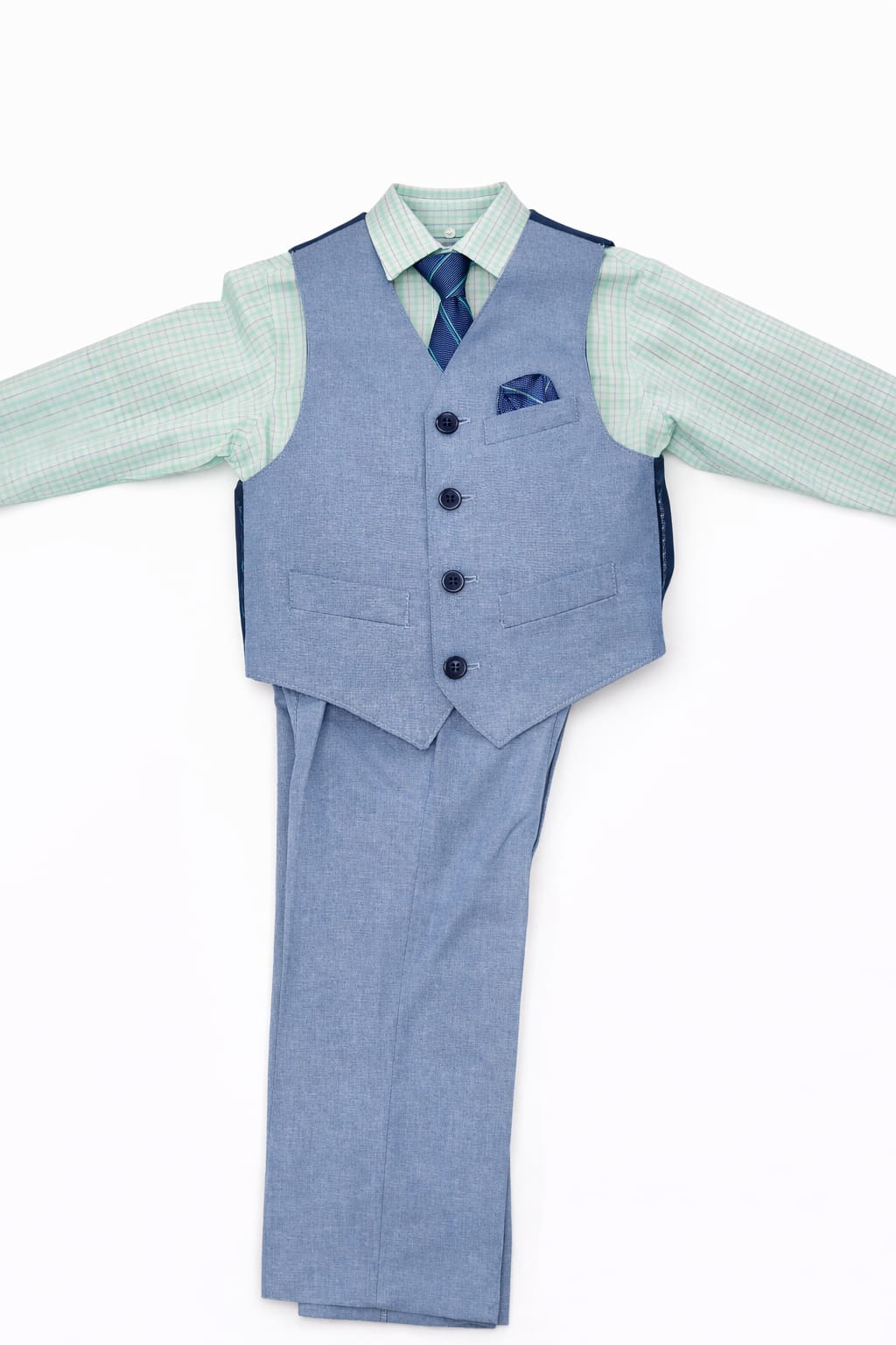 Boys Blue Formal Suit Set with Vest, Shirt, Tie and Pants - 4-Piece Outfit