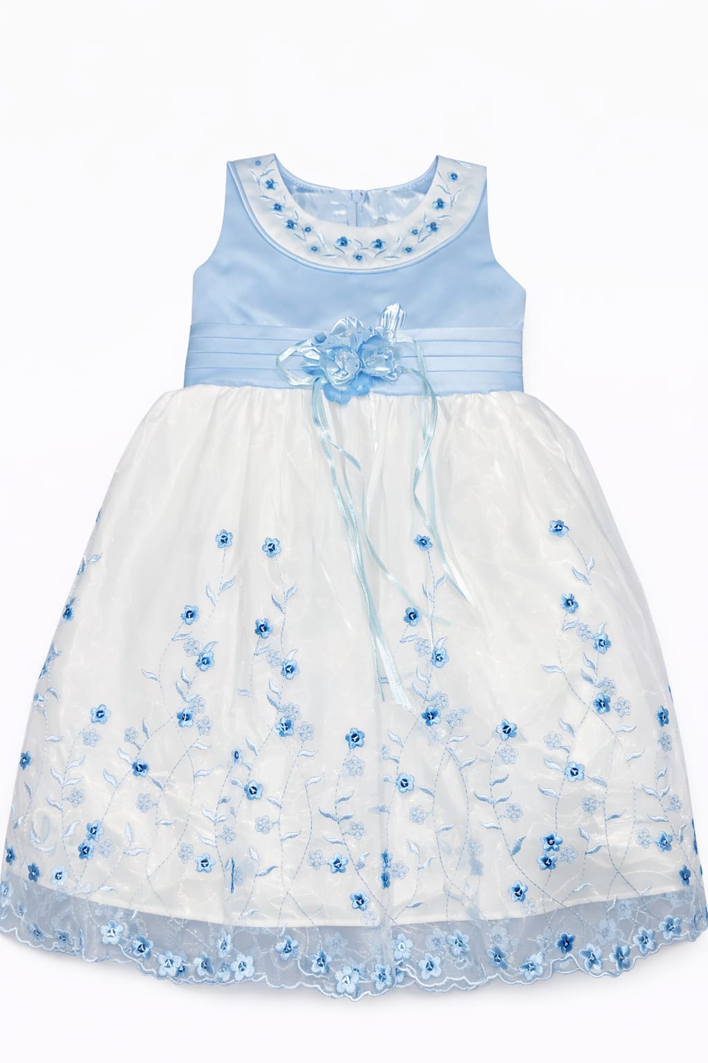 Girls Blue Floral Tulle Dress with Embellished Collar - Toddler Party Dress