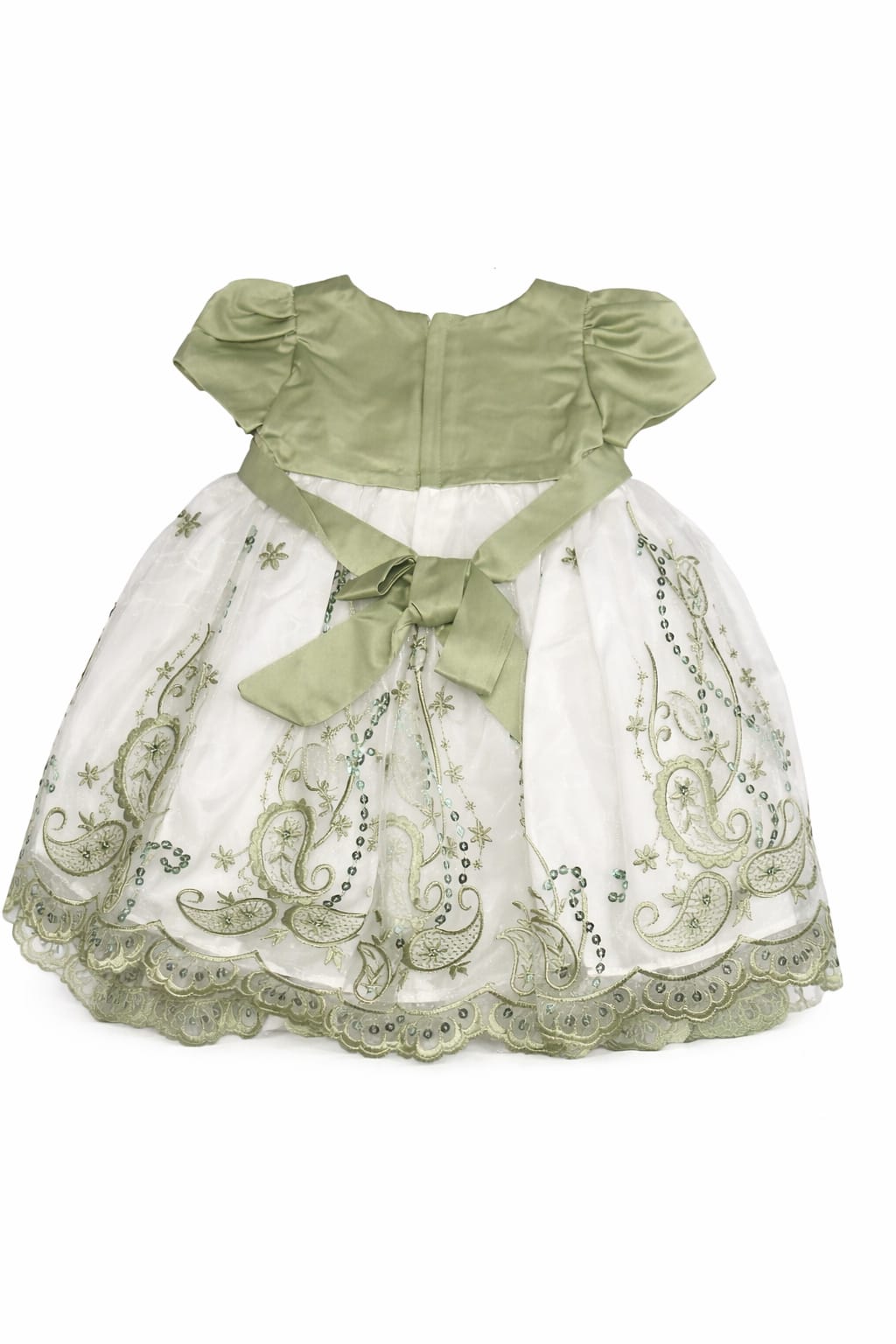 Girls Sage Green Embroidered Dress with Puff Sleeves - Special Occasion Dress