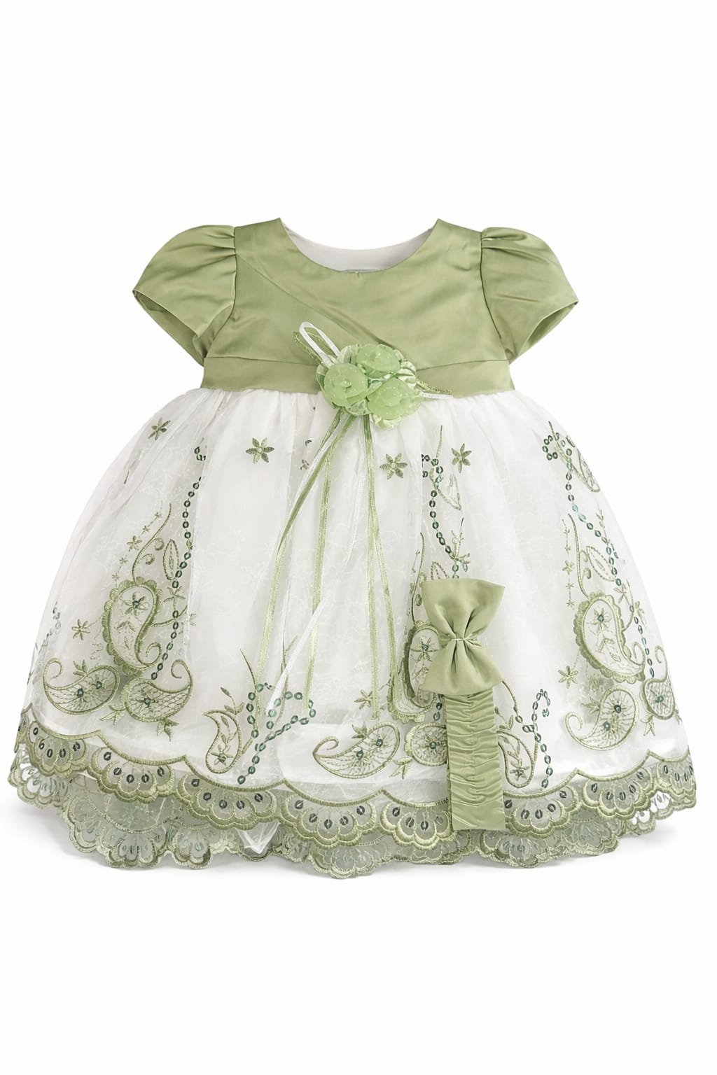 Girls Sage Green Embroidered Dress with Puff Sleeves - Special Occasion Dress