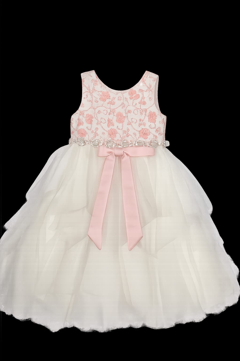 Girls White Floral Embroidered Tulle Dress with Jeweled Waist - Flower Girl Dress