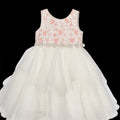 Girls White Floral Embroidered Tulle Dress with Jeweled Waist - Flower Girl Dress