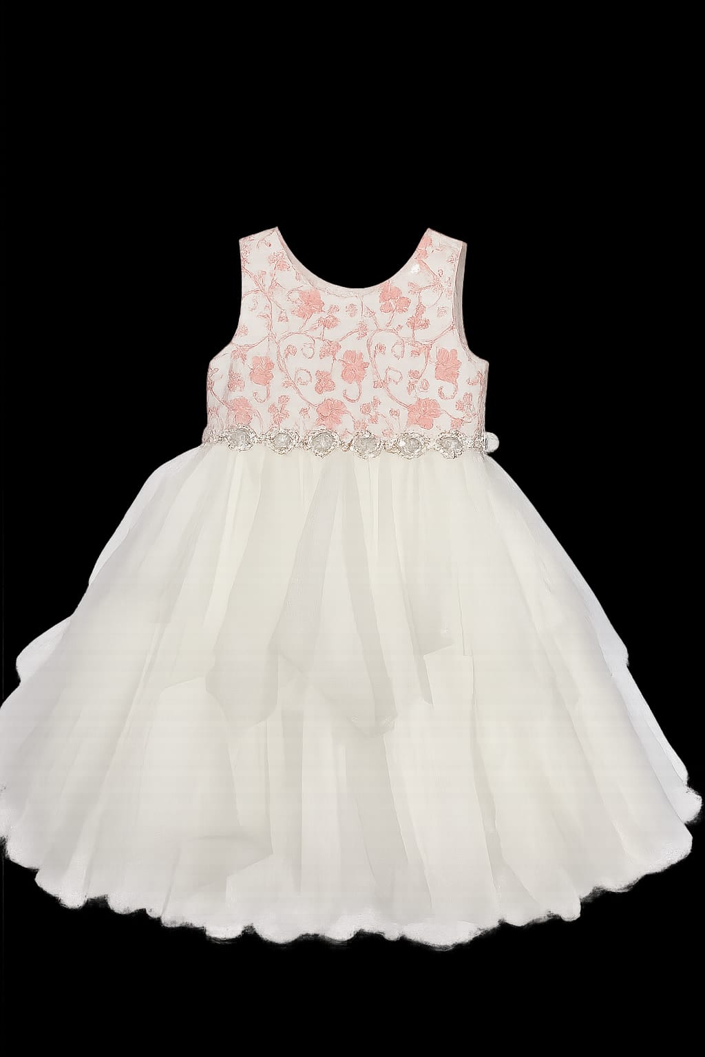 Girls White Floral Embroidered Tulle Dress with Jeweled Waist - Flower Girl Dress