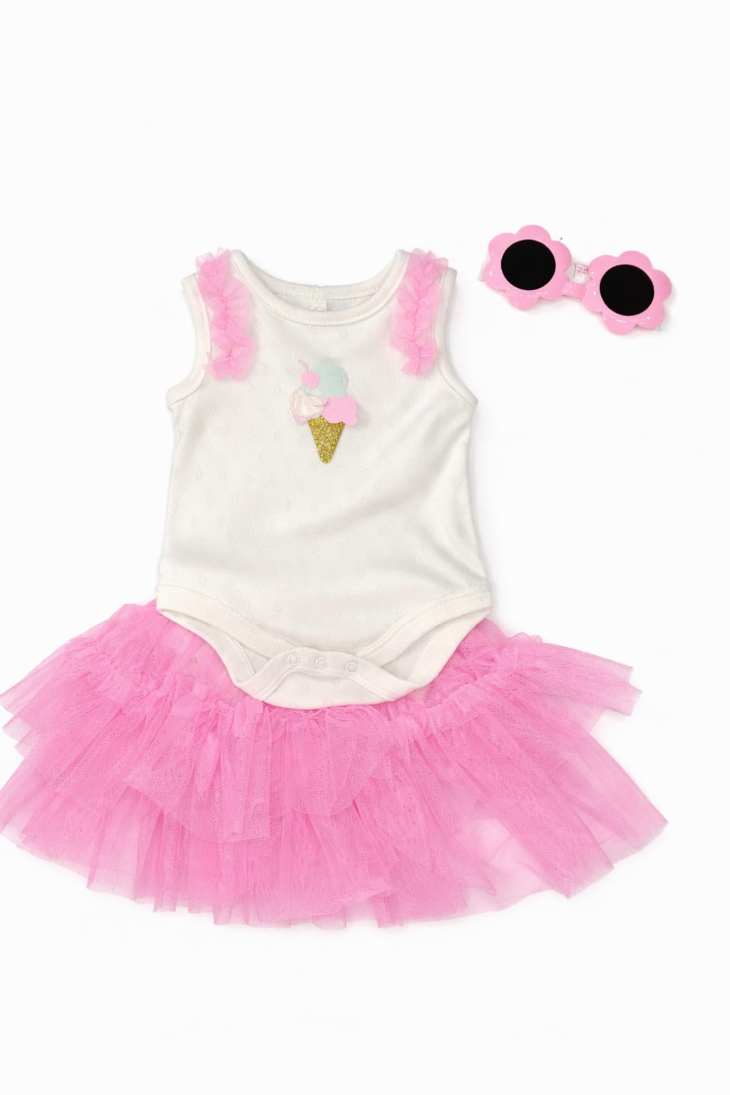 Baby Girl Ice Cream Cone Bodysuit with Pink Tutu and Sunglasses Set - 3-Piece Summer Outfit
