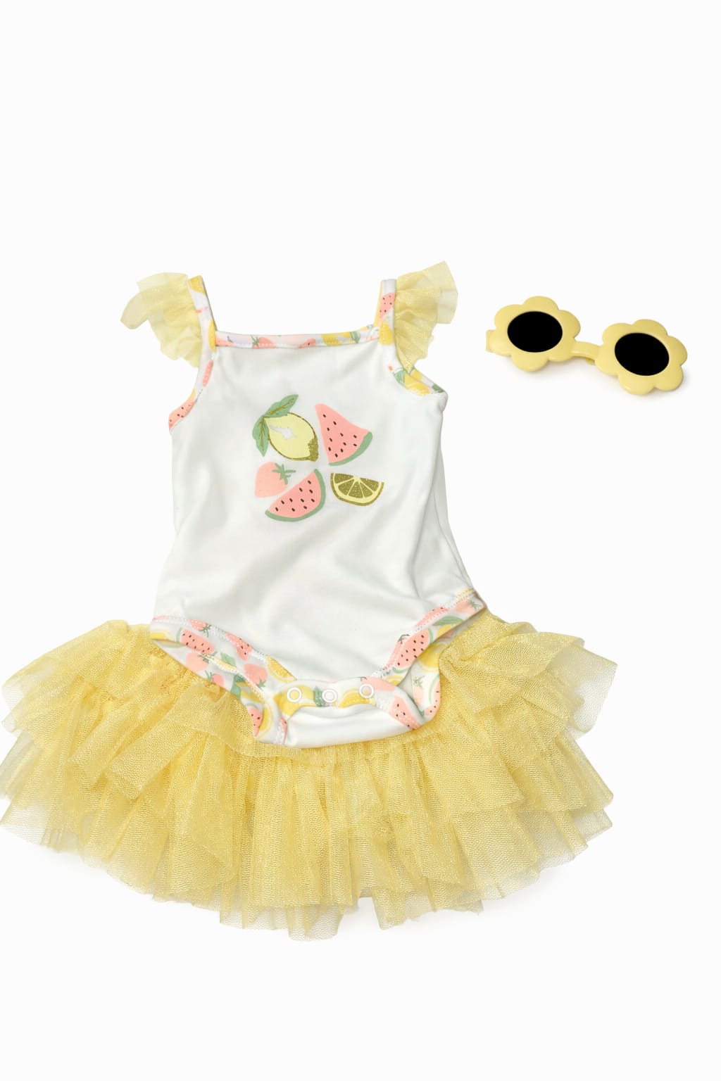 Baby Girl Fruity Bodysuit with Yellow Tutu and Sunglasses Set - 3-Piece Summer Outfit