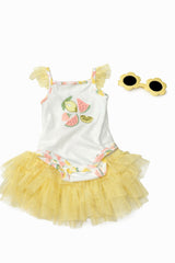 Baby Girl Fruity Bodysuit with Yellow Tutu and Sunglasses Set - 3-Piece Summer Outfit