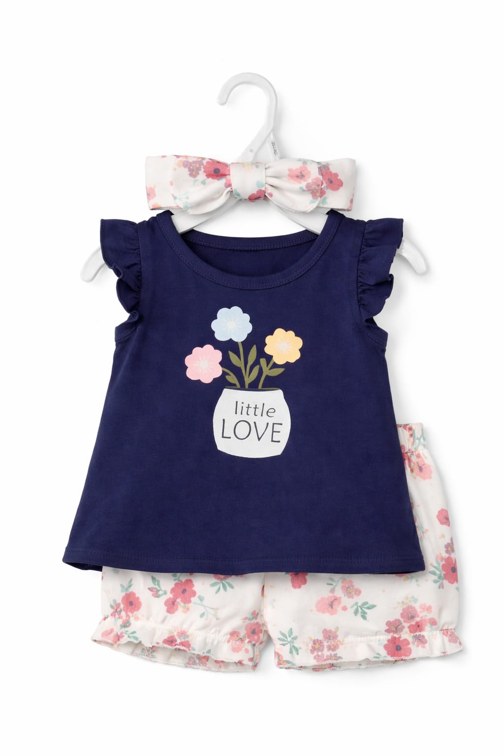 Baby Girl Little Love Outfit Set with Floral Shorts and Headband - 3-Piece Set