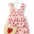 Girls Pink Strawberry Print Outfit Set with Straw Bag - 3-Piece Summer Set