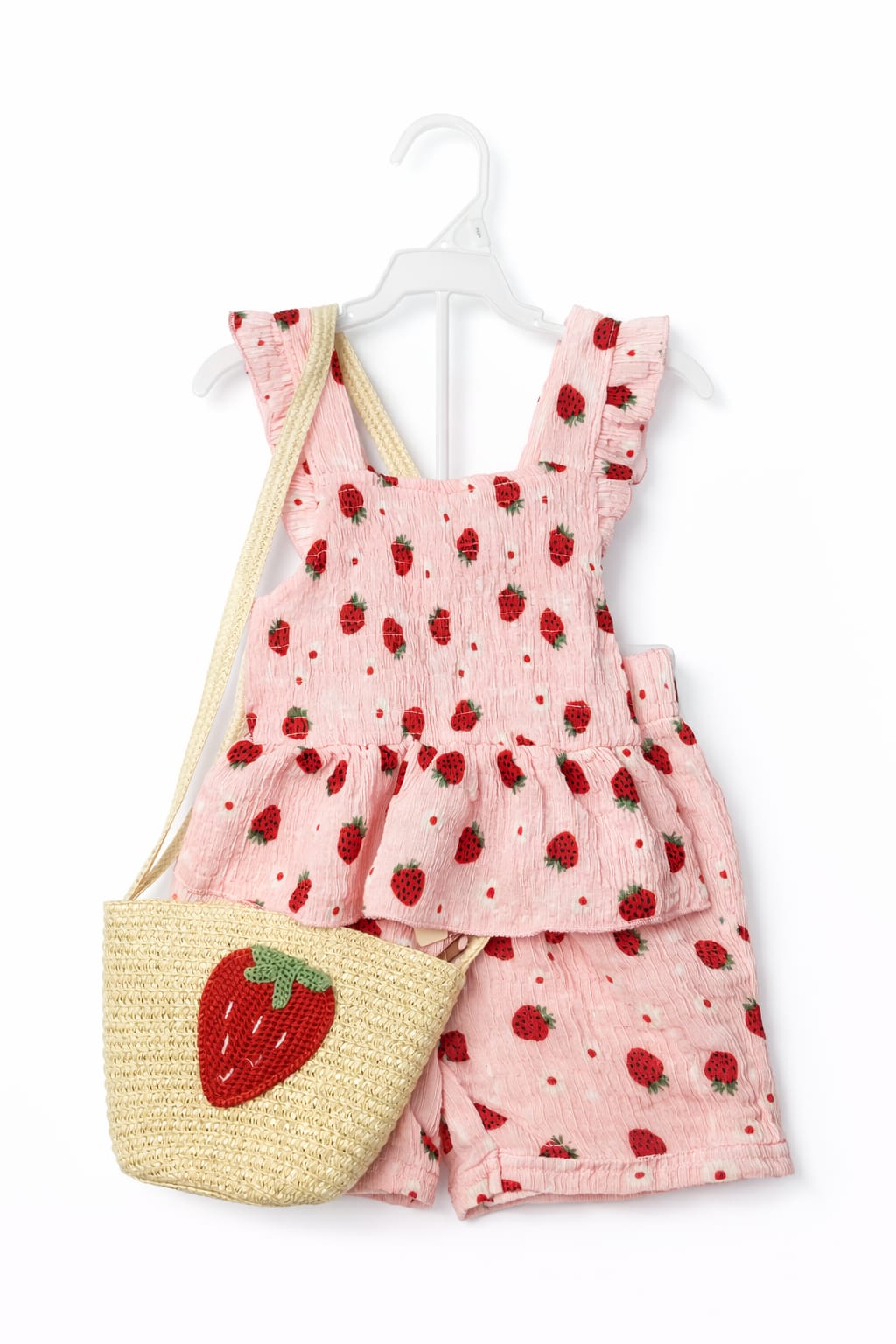 Girls Pink Strawberry Print Outfit Set with Straw Bag - 3-Piece Summer Set