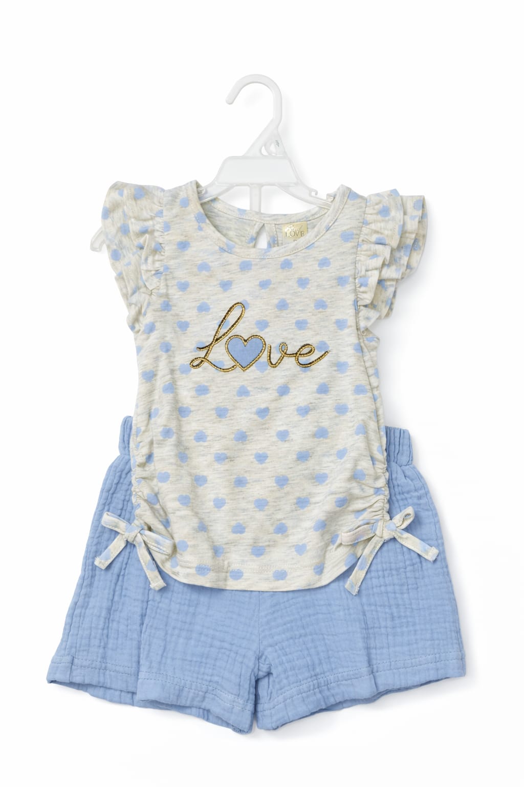 Baby Girl Blue Love Heart Print Outfit Set with Shorts - 2-Piece Set