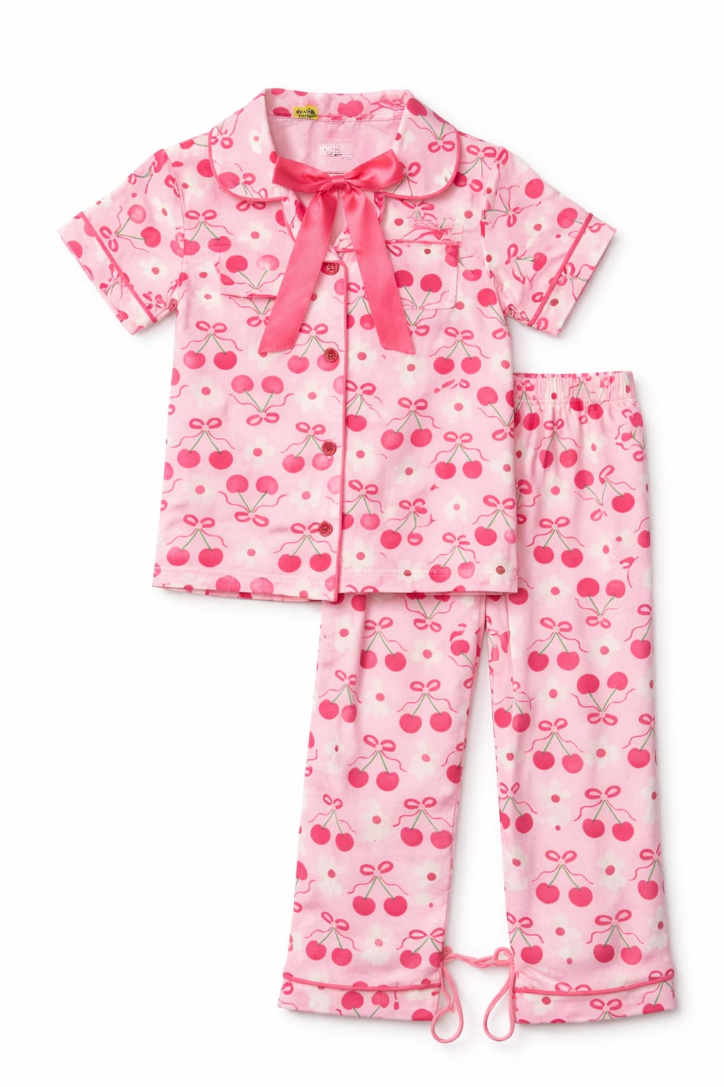 Girls Pink Cherry Print Pajama Set with Bow - 2-Piece Sleepwear
