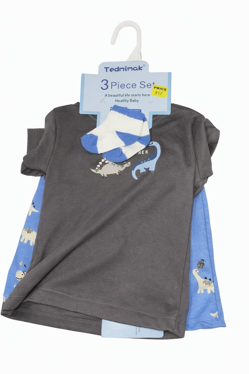 Baby Boy Dinosaur Bodysuit 3-Piece Set with Shorts and Socks - Dino Outfit