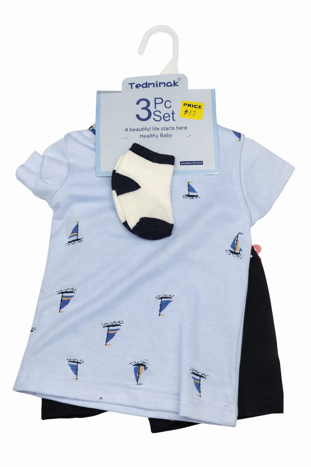 Baby Boy Sailboat Bodysuit 3-Piece Set with Shorts and Socks - Nautical Outfit