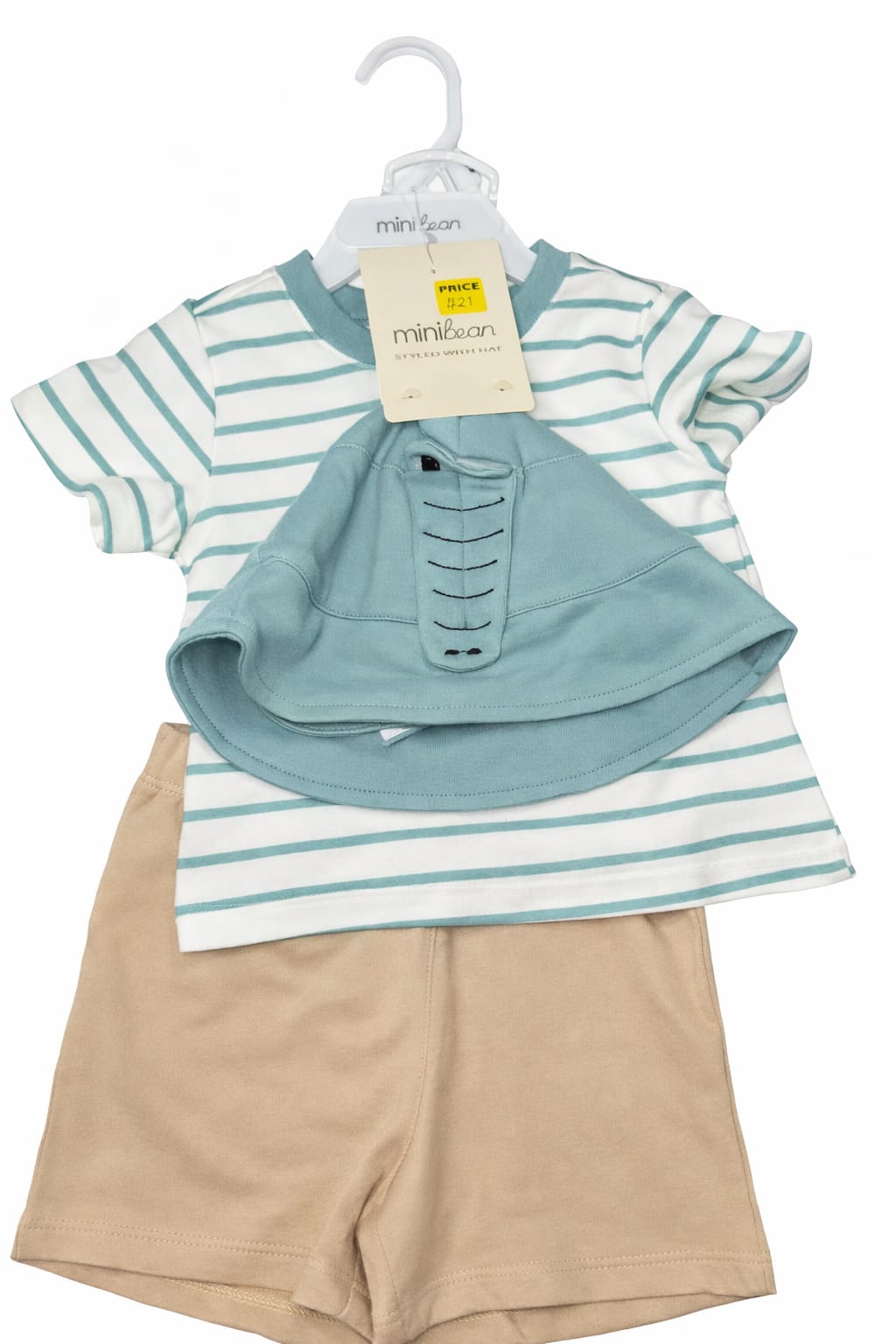 Baby Boy Striped T-Shirt, Khaki Shorts and Dinosaur Hat 3-Piece Set - Summer Outfit