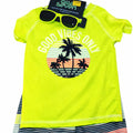 Boys Good Vibes Only Beach Outfit Set with Sunglasses - 3-Piece Summer Set