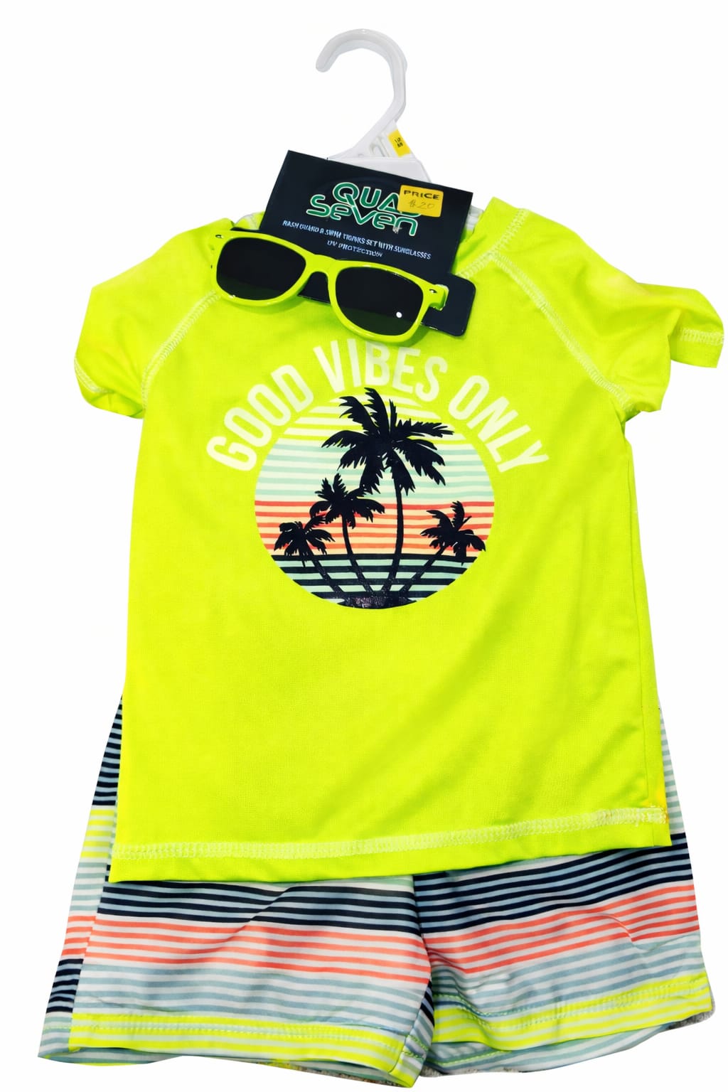 Boys Good Vibes Only Beach Outfit Set with Sunglasses - 3-Piece Summer Set