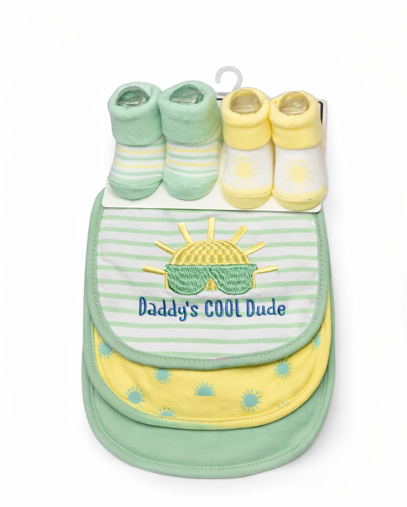 Baby Boy Daddy's Cool Dude Gift Set - 3 Bibs and 2 Pairs Booties