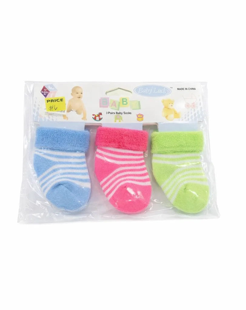 Baby Socks 3-Pairs Set - Blue, Pink, Lime Green - Unisex